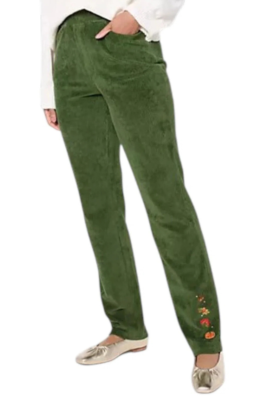 Quacker Factory Short Embroidered Fall Folly Corduroy Pants Dark Olive - Regular